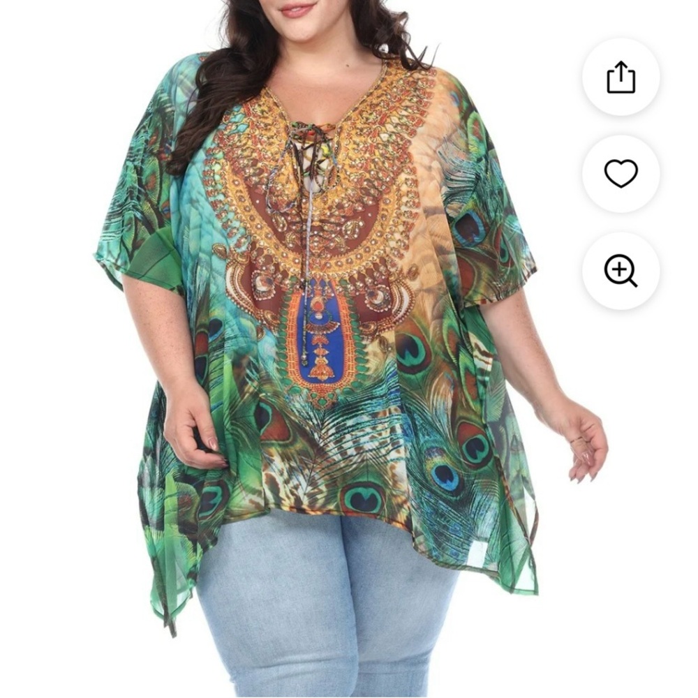 New White Mark Peacock Bird Feathers Animal Print Caftan Top Womens Plus Size OS